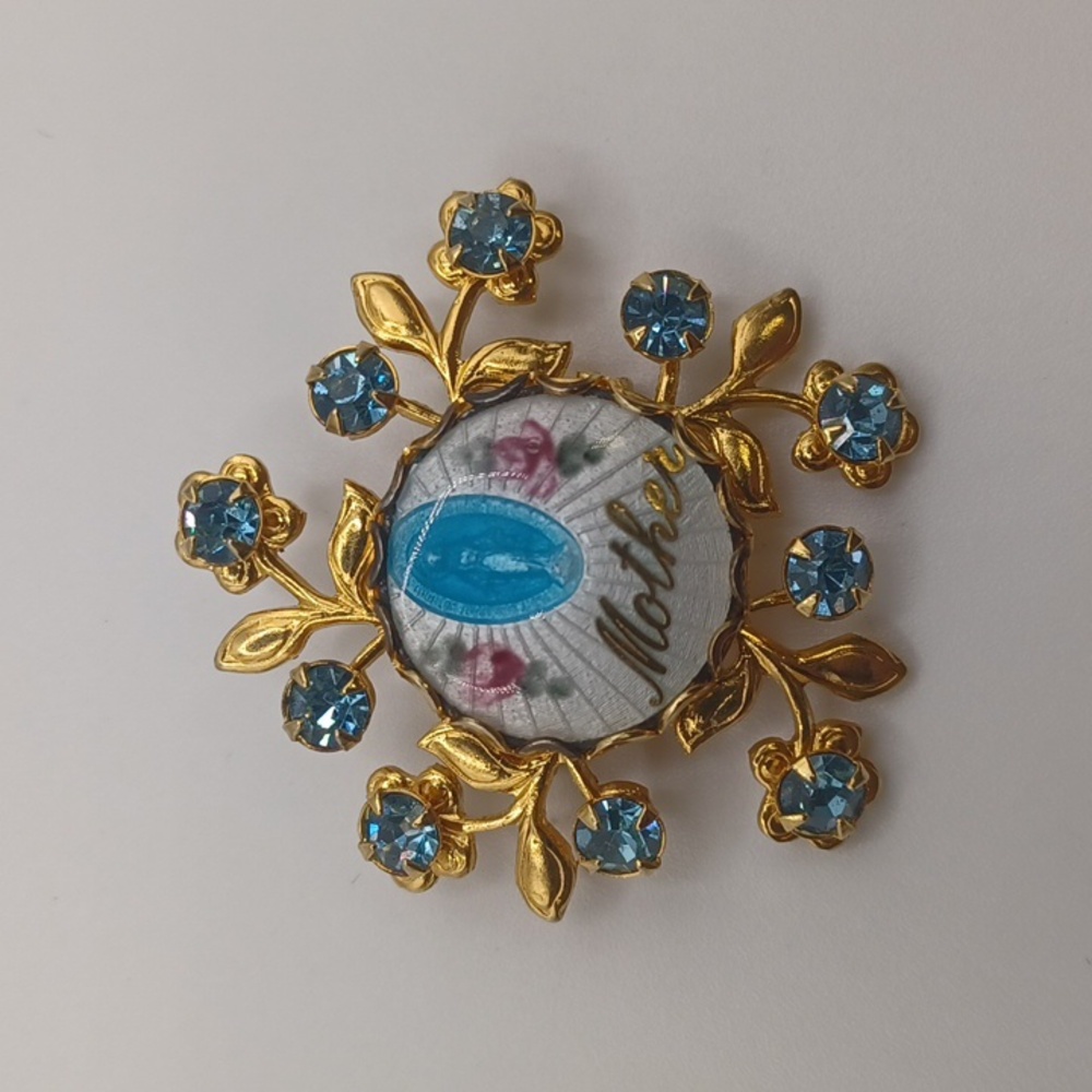 Vintage Guilloche Mother Mary Gold tone Brooch - Picture 2 of 5